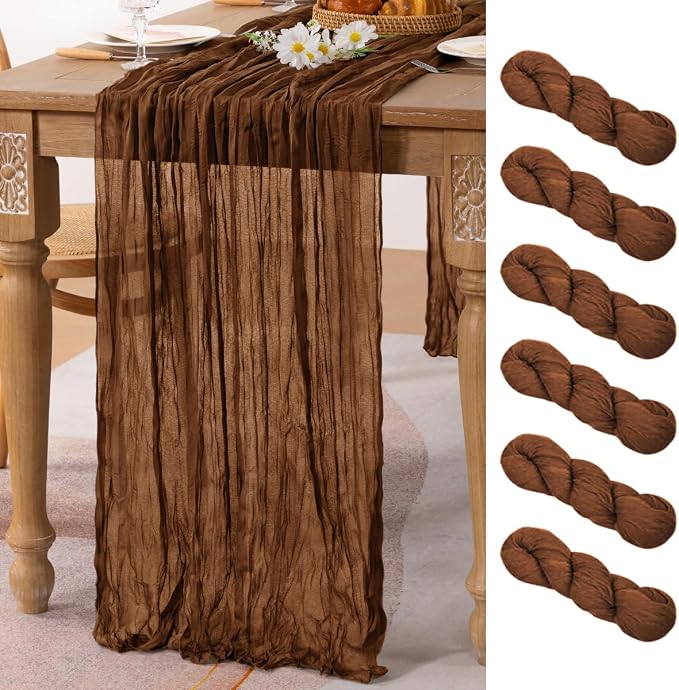 MLMC 6 Pack Brown Table Runner 10ft Boho Rustic Gauze Coffee Cheesecloth Table Runner Neutral Cheese Cloth Table Decor 65x120 Inches for Wedding Bridal Shower Reception Party Decor