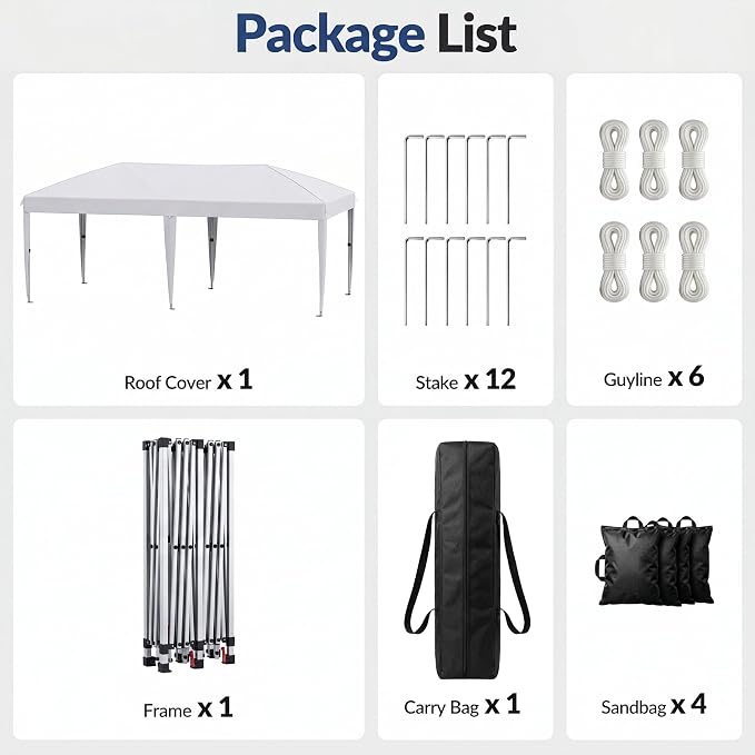 10x20 Pop Up Canopy Without Sidewalls, Instant Tent with Carry Bag, Sandbags, Height Adjustable Waterproof Outdoor Canopy, Outdoor Canopy for Events, Camping, Parties (White)