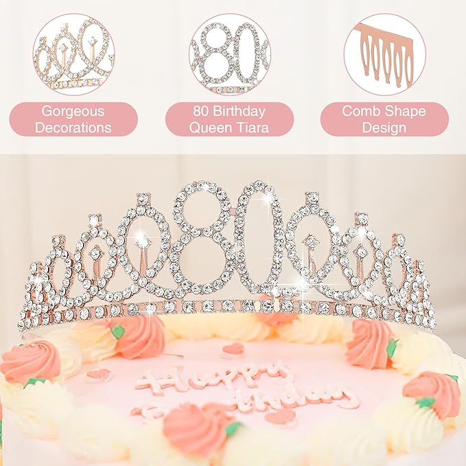80TH Birthday Gifts for Women,Vintage Engraved 80th Wine Glass,80 Year Old Birthday Decorations For Her,80&Fabulous Sash and Tiara For Women,Friends,Sister-Turning 80th Party Favor Supplies