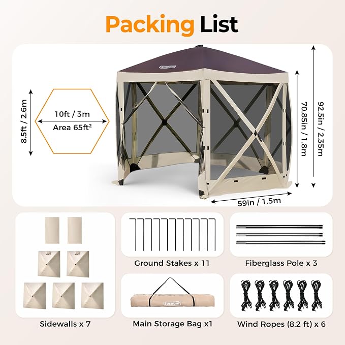Tecoom 10x10ft 6-Sided Pop Up Gazebo Tent, Screen House with Mosquito Netting Canopy for Camping, Portable Sun Shelter Removable Siedwalls for Outdoor, Garden, Activities, Khaki