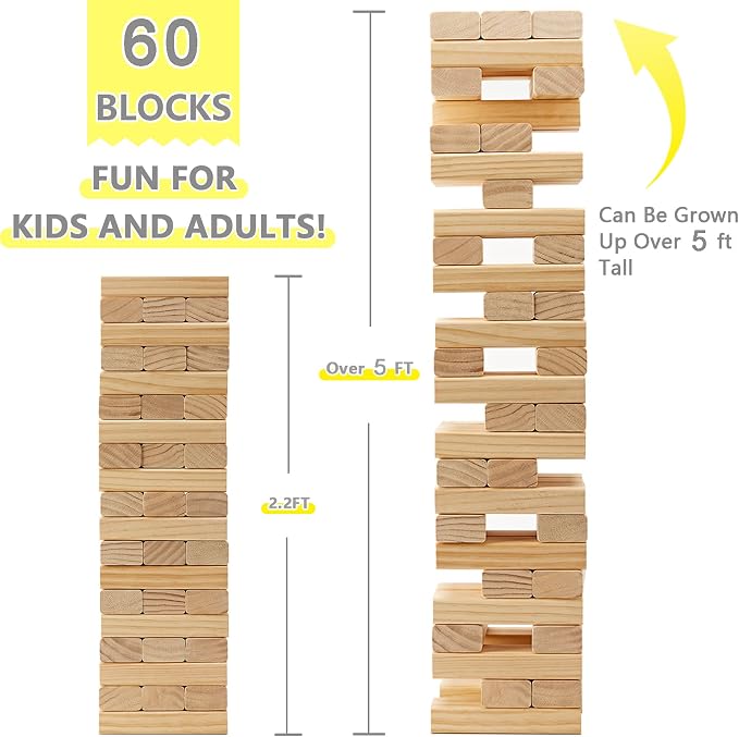 GOROCK Giant Tumble Tower Games，60 Pcs Wooden Block Up to 5FT Stacking Game with Dice Scoreboard and Carry Bag ，Christmas Birthday Gift for Family Outdoor Indoor Party Camping Beach Lawn Games