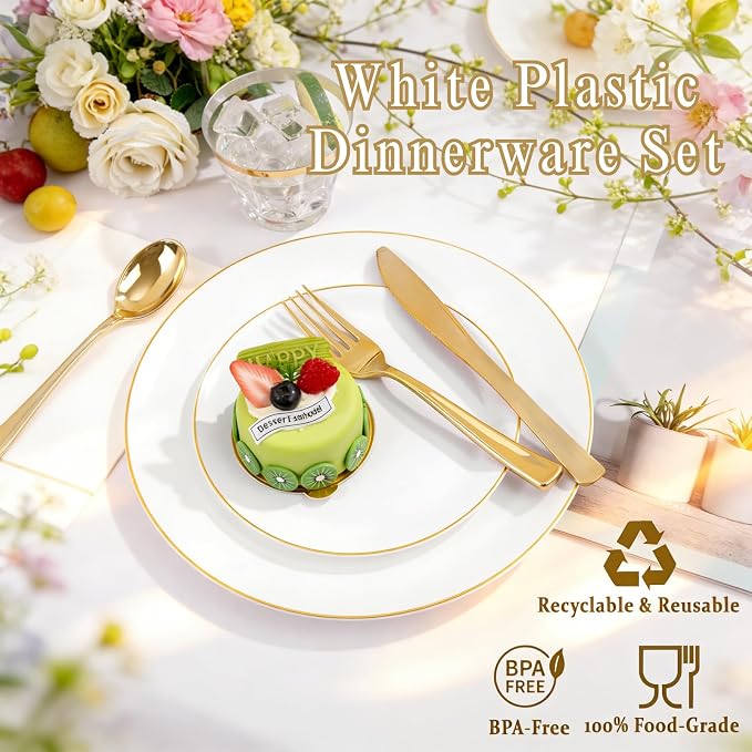 Festiva 175PCS White and Gold Plastic Plates - White with Gold Rim Fall Dinnerware Set - 25Guest include Plates Cups Cutlery Napkins for Birthday Party&Wedding& Easter