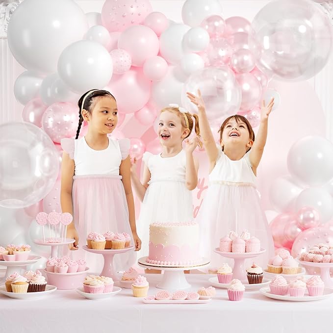 Pink Balloon Arch Kit 177Pcs Pink and White Balloon Arch Kit with Clear Double Stuffed Pearl Pink Balloons Pearl Stickers for Wedding Birthday Bridal Shower Engagement Baby Shower Party Decorations