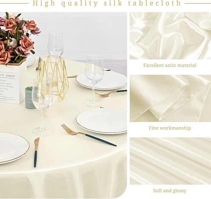 12 Pack Ivory Satin Tablecloth, 108 Inch Round Silky Satin Table Cloth, Bright Silk Tablecloth Smooth Fabric Table Covers Overlay Silky Tables Decoration for Wedding Party Banquet Birthday