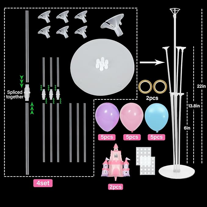 Princess Party Balloons Stand Kit 2 Sets with 2 Princess Castle Foil Balloons Pastel Blue Pink Purple Themed Party Balloon Centerpiece for Tables for Girls Baby Shower Fairytales Birthday Decorations