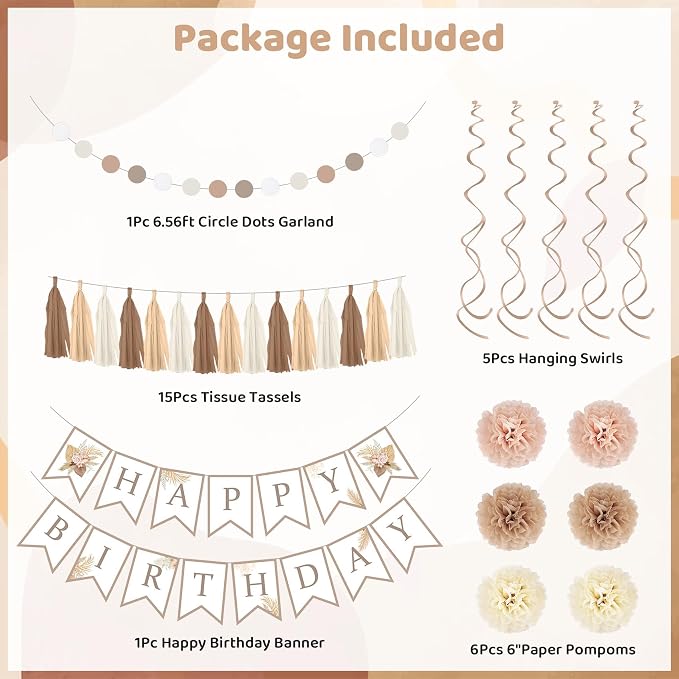 Birthday Decorations for Women, Beige Cream Neutral White Sand Confetti Balloons Boho Happy Birthday Banner Fringe Curtains Hanging Swirls Circle Dots Tassels Pompoms Women Girls Party Supplies