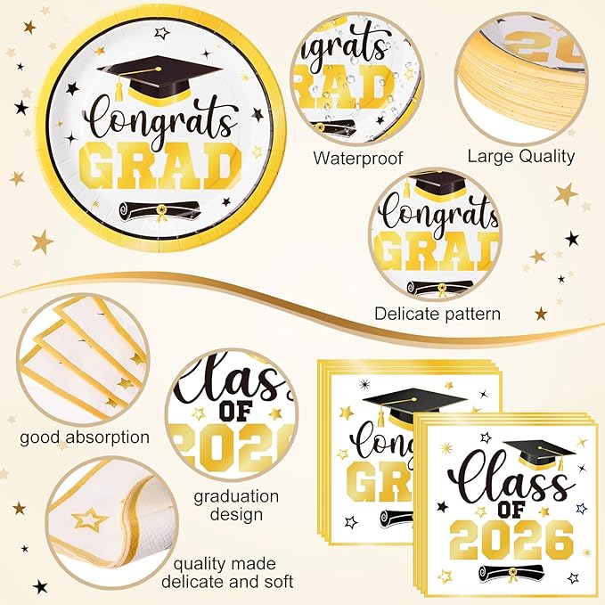 Funnymoom 452 Pcs Class of 2026 Gold Graduation Party Supplies for 50, White Gold Graduation Paper Plates Napkins Cups Tablecloth Cutlery Straws for College High School Congrats Grad Party Decoration