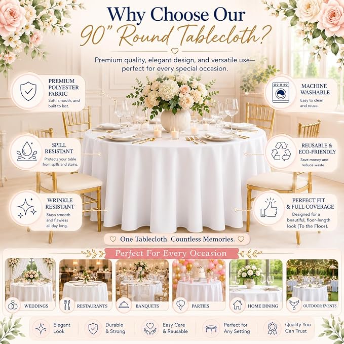 10 Pack 90 Inch White Round Tablecloth, Polyester Fabric Washable Table Cloth for Home, Party, Wedding or Restaurant Use.