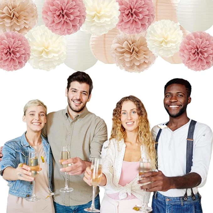 Rose Gold Pink Beige Champagne Party-Decorations Paper Lanterns Panduola | 15pc Tea Party Backdrop Boho Birthday Bachelorette Bridal Baby Shower Engagement Wedding Decor Tissue Pom Poms Streamers