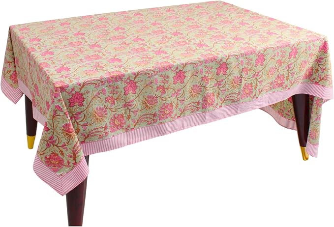 Ridhi Pistachio Green Hand Block Print Cotton Rectangle Tablecloth 90" x 60" inches Reusable Table Cover Decorative Everyday Use for Dining Room, Farmhouse, Home Gift for Spring, Mother's Day