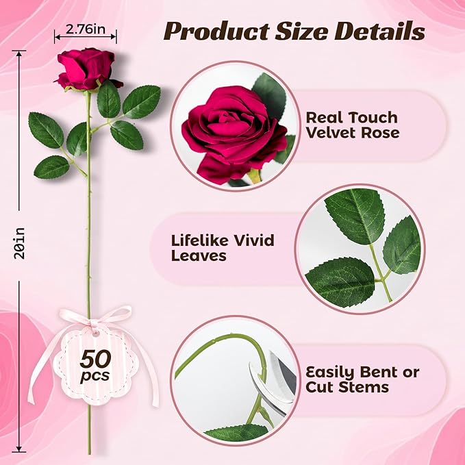 50 Pcs Fake Roses Burgundy Artificial Flowers Bulk, Faux Velvet Silk Rose Bouquet with Long Stems Real Look for Wedding Party Centerpieces Vases Decor