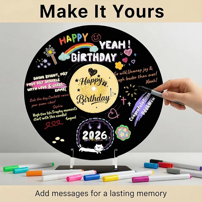 ReeGii Vinyl Record Guest Book for Birthday Decorations - Large 11.6"x11.6" Birthday Party Sign Poster with 12 Pens,Unique Keepsake Gift for Friends and Family