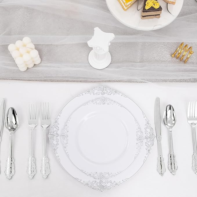 102PCS White and Silver Plastic Plates - Heavyweight Silver Plate - Wedding Plate with Silver Rim - Fancy Dinner & Dessert Plates for 51 Guests Weddings & Parties (Pack of 2)