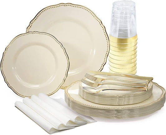 " OCCASIONS " 320pcs set (40 Guests)-Heavyweight Wedding Party Disposable Plastic Plate Set -40 x 10.25'' + 40 x 7.5'' + Silverware + Cups + Napkins (Rochelle Ivory & Gold)