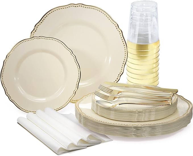 " OCCASIONS " 200pcs set (25 Guest)-Wedding Disposable Plastic Plates & cutlery - 10.25'', 7.5'' +paper napkins, Gold rim cups & Silverware (Rochelle Ivory & Gold)