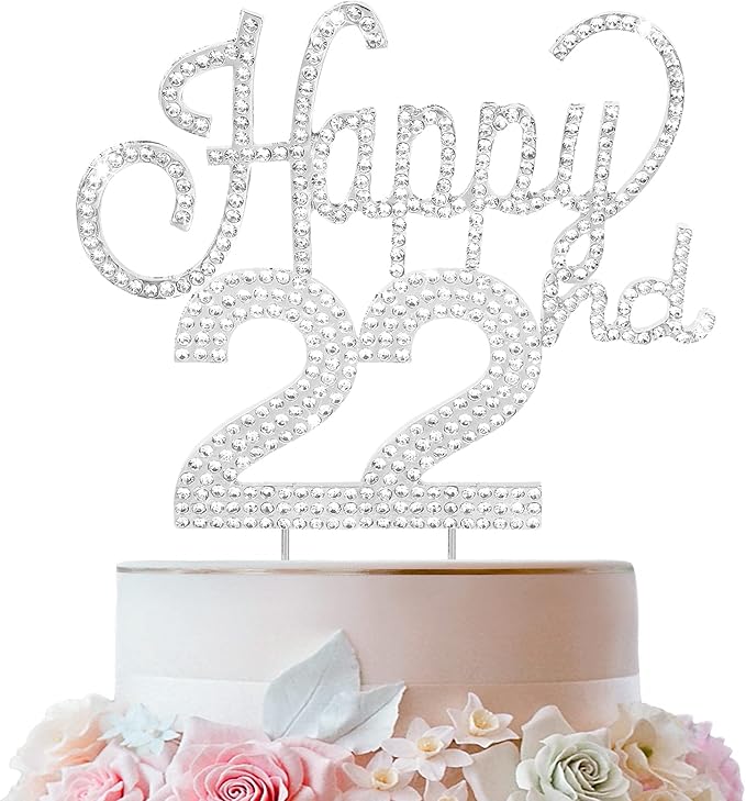 LINGTEER Happy 22nd Birthday Silver Rhinestone Cake Topper - Cheers to 22nd Birthday 22 Years Old Party Cake Centerpieces Topper Decorations Gift Sign.