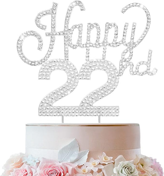 LINGTEER Happy 22nd Birthday Silver Rhinestone Cake Topper - Cheers to 22nd Birthday 22 Years Old Party Cake Centerpieces Topper Decorations Gift Sign.