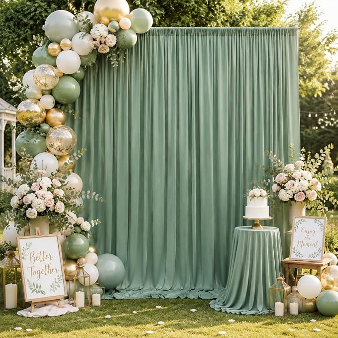 20ft x 15ft Grayish Green Backdrop Curtains for Wedding Parties, 4 Panels Extra Long Wrinkle Free Fabric Drapes Photo Backdrop for Baby Shower Birthday Stage Reception Lobby Decoration