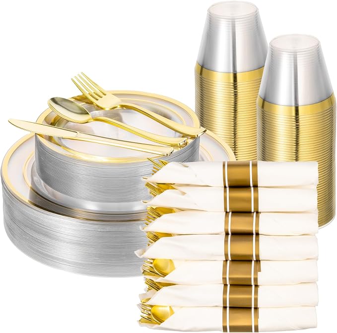 realluck 350PCS Clear Gold Plastic Dinnerware Set for 50 Guests, Disposable Party Plate for Wedding Party, Include: 100 Plastic Plates, 50 Pre Rolled Napkins with Silverware, 50 Cups