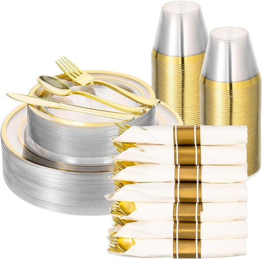 realluck BESTVIP 350PCS Clear Gold Plastic Dinnerware Set for 50 Guests, Disposable Party Plate for Wedding Party, Include: 100 Plastic Plates, 50 Pre Rolled Napkins with Silverware, 50 Cups