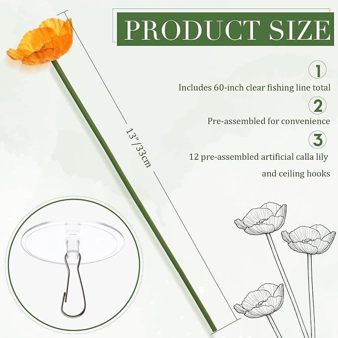 12 Pack 5 ft Artificial Poppy Flowers Hanging Garland Decorations Orange Poppy from Ceiling Dangling Faux Floral Vine Strings with Hook for Wall Ceiling Wedding Home Decor