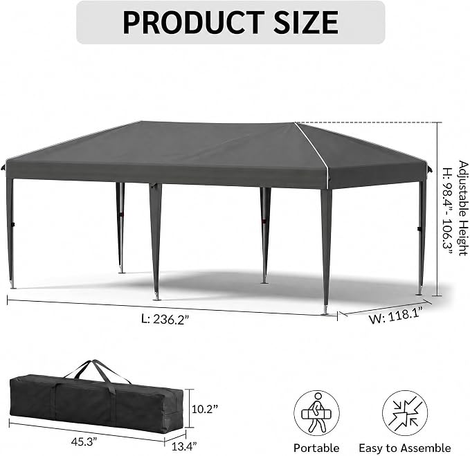 10x20 FT Portable Pop Up Canopy Tent with Sandbags, Adjustable Height Instant Gazebo, Outdoor Canopy for Camping, Parties, Vendor Events (Grey with Reflective Strip, 3m × 6m Without sidewalls)