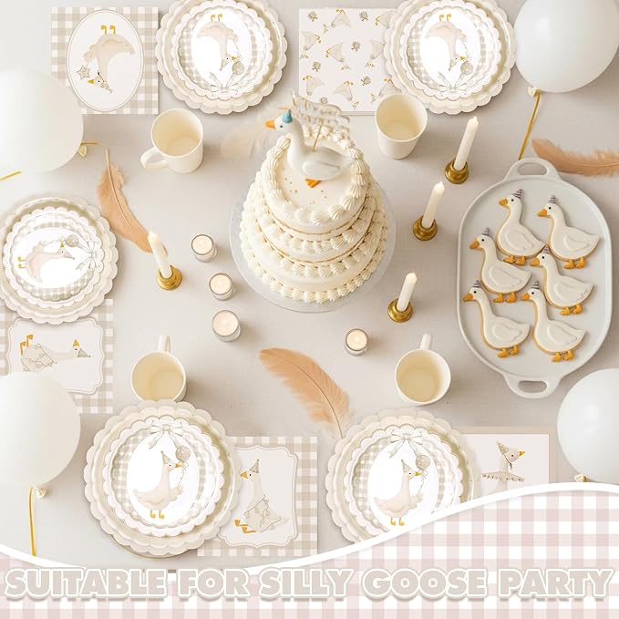 Zhehao 350 Pcs One Silly Goose Birthday Party Tableware Set Beige Bow Scalloped Baby Shower Plates Cup Napkins Forks for Birthday Party Decorations Supplies for 50 Guests