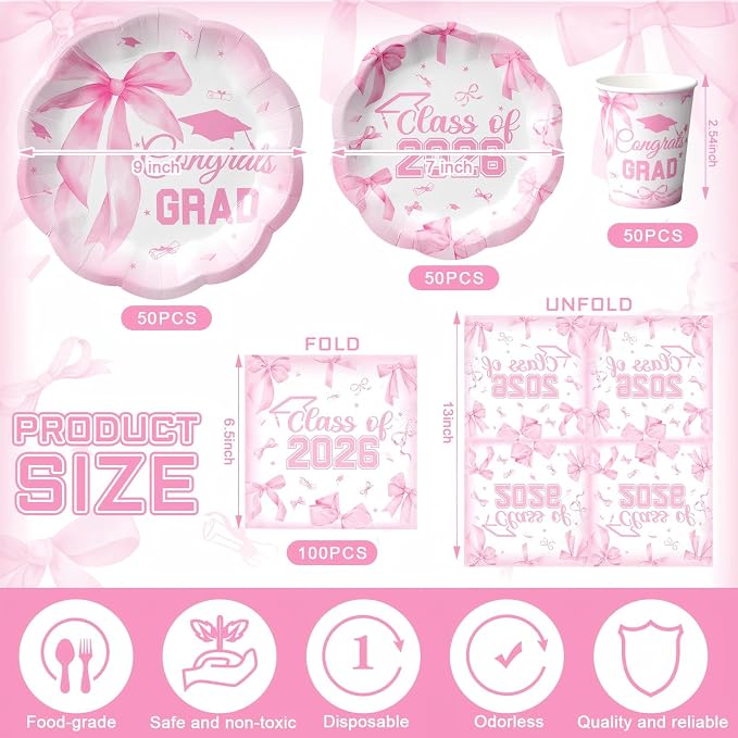 Newtay 250 Pcs Pink Bow Graduation Disposable Plates and Napkins Pink Congrats Grad Disposable Tableware Set for 50 Guests Paper Plates Napkins Cups for Girls Nurses Graduation Party Supplies