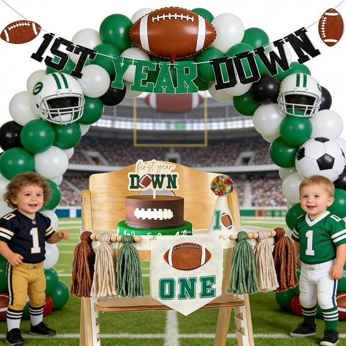 First Year Down Birthday Party Decorations-Felt First Year Down Highchair Banner, Football Themed 1st Birthday High Chair Banner, Cake Topper, Party Hat for Football 1st Birthday Party Supplies
