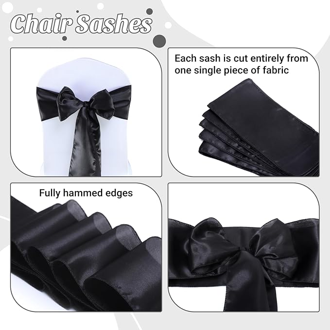 MDS Satin Chair Sashes, 300 Pack, 7”x108” Each, Decorative Chair Bows Ribbon Tie Backs for Wedding Party, Holiday Dinner, Birthday, Reception, Banquet, Hotel & Event Decoration - Black