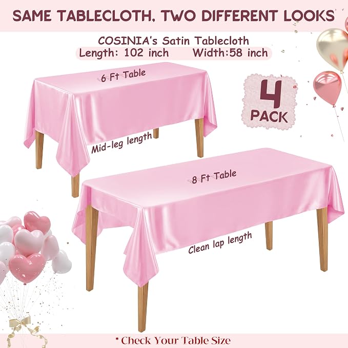 4 Pack Pink Satin Tablecloth 58 x 102 Inches, Rectangular Satin Table Cloths for Wedding Reception, Birthday Party, Graduation & Holiday Banquet Tables
