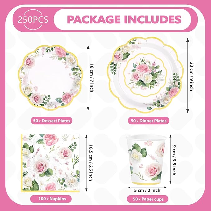 250Pcs Floral Tea Party Supplies Pink Floral Scalloped Plates Napkins Cups Pink Flower Garden Tableware Set for Spring Wedding Bridal Shower Baby Shower Garden Tea Party Decorations Serves 50