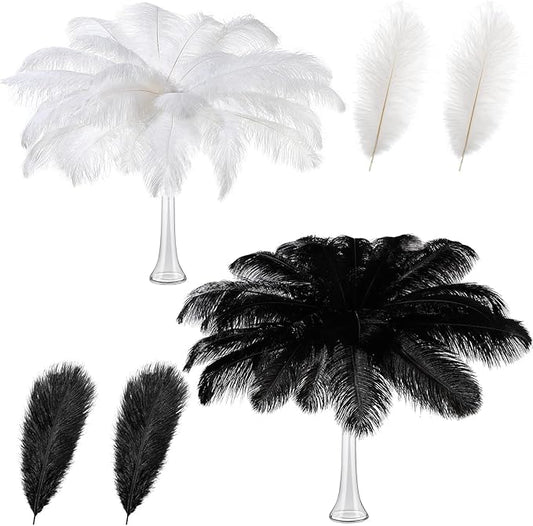 Retrowavy 50 Pcs 14-16 Inches Large Natural Ostrich Feathers Bulk for Centerpieces for Wedding Party Centerpieces Home Decoration Flower Arrangement (Black, White)