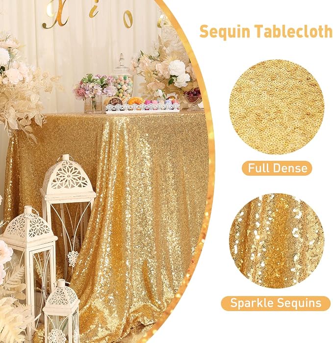 Poise3EHome Gold Sequin Tablecloth 90×132 Inch Rectangle Sparkly Fabric Table Cloth for Birthday Wedding Party Holiday Baby Shower Christmas Decoration