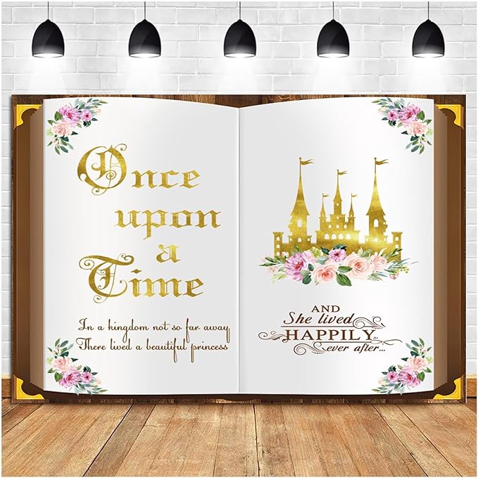 12x10ft Once Upon a Time Backdrop Fairy Tale Book Princess Castle Happily Ever After Floral Storybook Background for Birthday Wedding Baby Shower Bridal Shower Party Decor Photo Booth Props