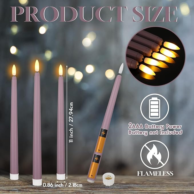 Macarrie 24 Packs Flameless Taper Candles Battery Operated Fake 11 Inch Long Candlelight LED Flameless Candlesticks Flickering Tapered for Summer Fall Wedding(Light Purple)