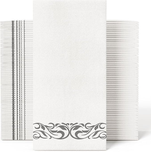JOLLY CHEF 100 Disposable Hand Towels, Soft and Absorbent Linen Feel Dinner Napkin, Elegant Decorative Paper Guest Towels for Kitchen, Bathroom, Weddings, Parties, Silver and White