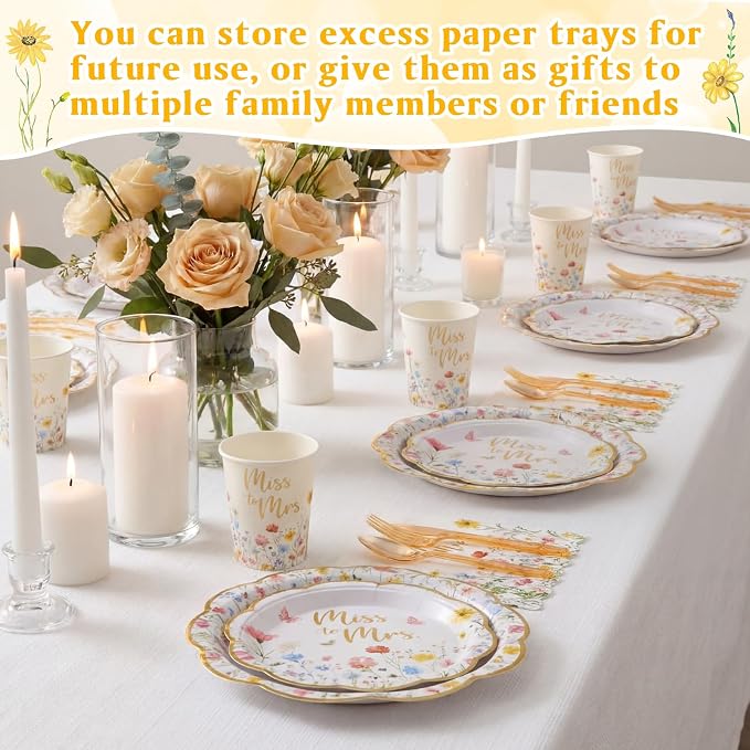 Funnymoom 400 Pcs Wildflower Bridal Shower Party Supplies for 50 Guests Floral Miss to Mrs Paper Plates and Napkins Knives Spoon Fork Cup Disposable Dinner for Women Wedding Engagement Party Favor