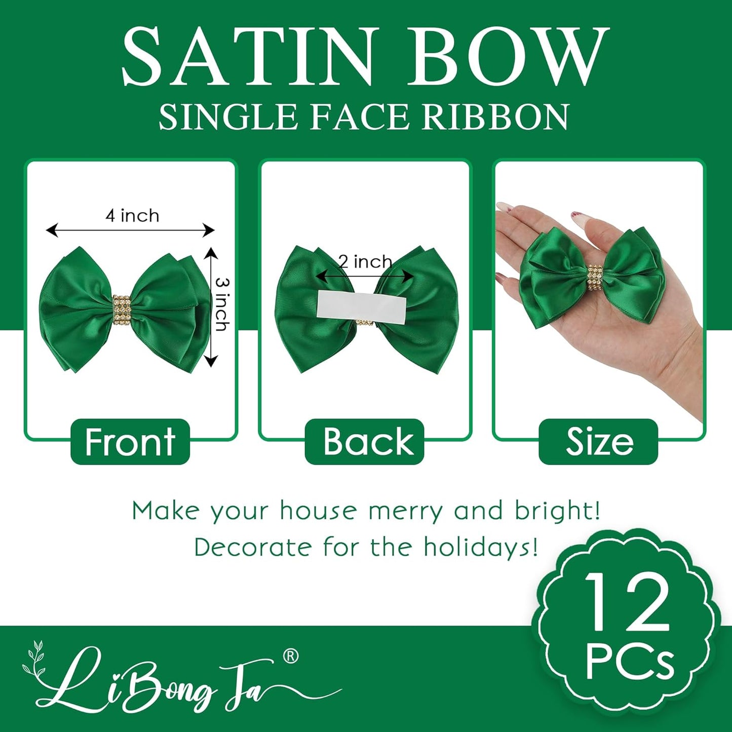 Hunter Green Ribbon Bows 4'' Premade Satin Bow, Gift Bows with Rhinestone, Wrapping Bows for Presents, Greeting Cards, Treat Bags, Wine Bottles, Valentines Bows for Gift Wrapping-12 Counts