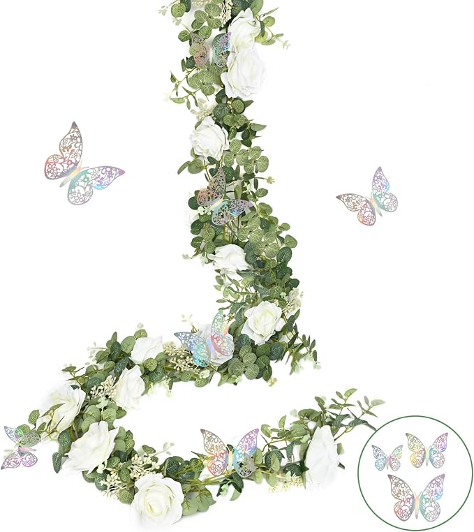 Yastouay 2 Pcs 13.1 Ft White Flower Garland With Butterfly, Artificial Eucalyptus With Flowers, Fake Rose Vine for Table Centerpiece, Wedding Arch, Baby Shower Party, Room Backdrop Decor