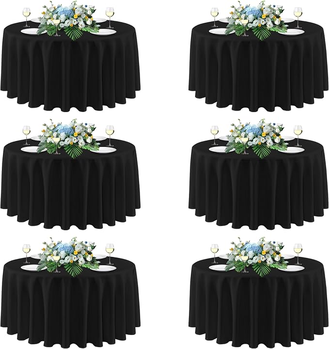 sancua 90 Inch Round Tablecloths Black, 6 Pack - Circle Fabric Cloth Table Cloths for Wedding Party Reception Banquet Birthday, Washable Polyester Table Cover (Fit 30-72 Inch Tables)
