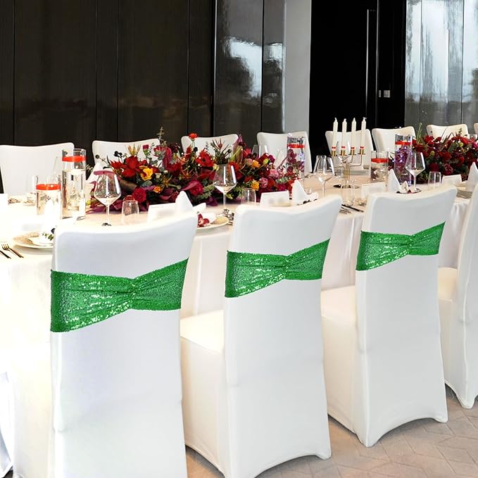Poise3EHome Green Sequin Chair Sashes, Double Sided Glitter Folding Chair Cover Bands for Christmas Party Ceremony Banquet Decorations, 20 PCS