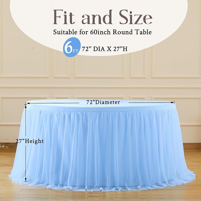 HB HBB MAGIC Baby Blue Tablecloth for Round Table 72 inch Stretchy Elastic Fitted Round Table Cloth Cover 120 inch, Tulle Table Cloth with Skirt Baby Shower Birthday Party Cake Tables Decorations
