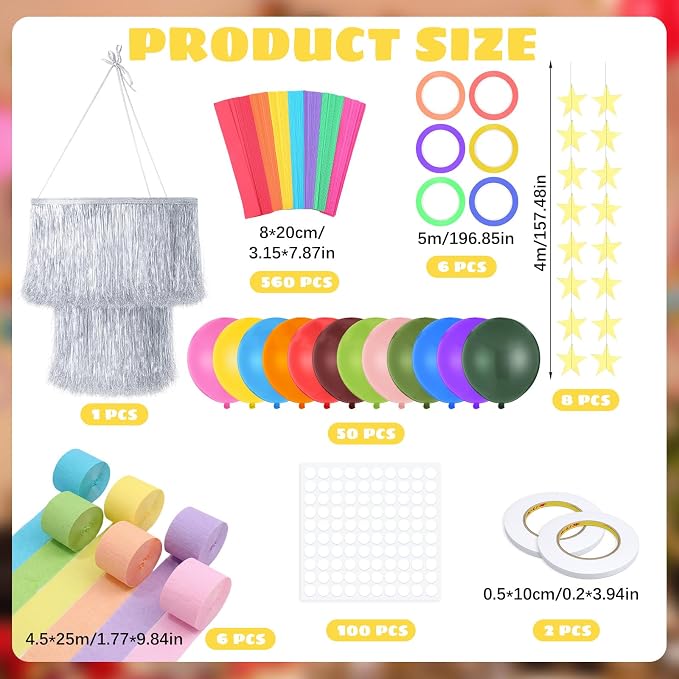 Blueweenly Fancy Princess Birthday Party Decorations Paper Chain Garland Strip Ceiling Party Classroom Decor Crepe Streamer Glitter Star Chandelier Balloons for Wedding Birthday(Rainbow,Large,5 Pcs)