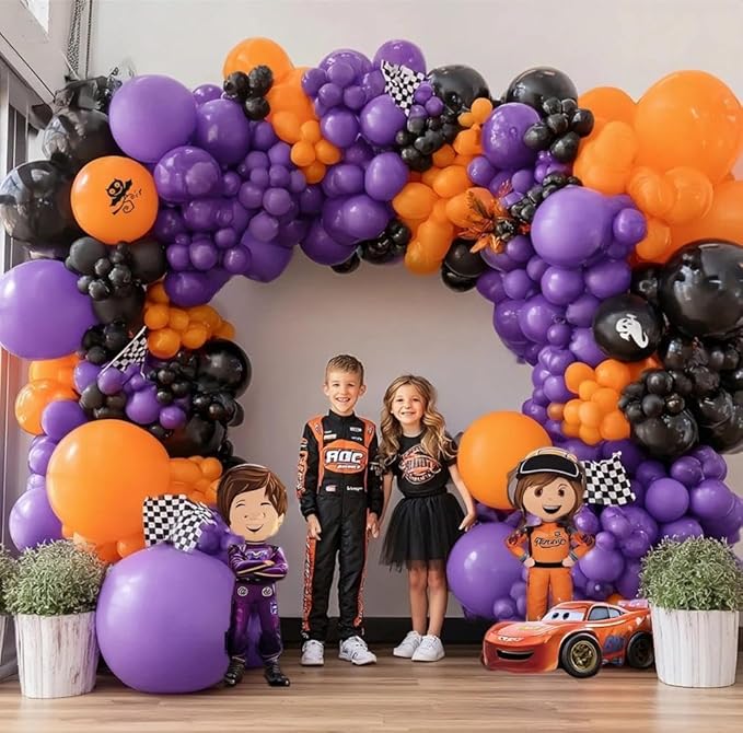 Purple Orange Balloon Arch Kit, Double Stuffed Purple Lavender Orange Black Balloon Garland for Basketball Sport Theme Birthday Race Car Magic Graduation Baby Shower Party Decorations