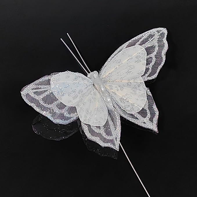 YCHTEWY- Artificial Butterfly for Decoration Silvery Ornament Tree Set of 12 with Wire Valentine's Day Gift Christmas and Wedding Decoration