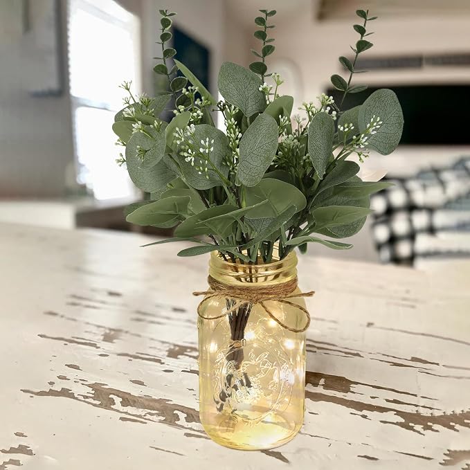 Set of 3 Mason Jar Lights, Plant Decorative Jars Vase Holiday Table Decor | Farmhouse Table Centerpiece for Home Wedding Event Party Decor