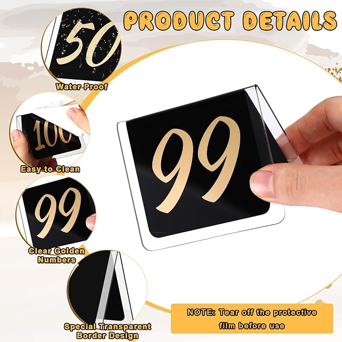 Suzile Table Numbers 1-100, 100-piece Double Sided Gold Acrylic Table Number Tents, 3.15" x 2.75" Number Signs for Receptions, Banquets, Restaurants, and Wedding(Black and Gold)