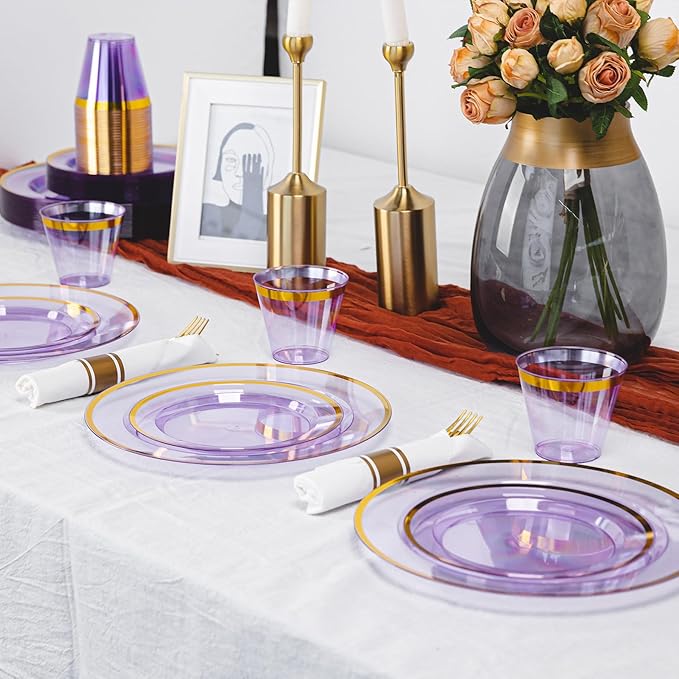 N9R 350PCS Purple Plastic Dinnerware Set for 50 Guests, Gold Disposable Plates for Party, Include: 100 Plastic Plates, 50 Pre Rolled Napkins with Silverware and 50 Cups