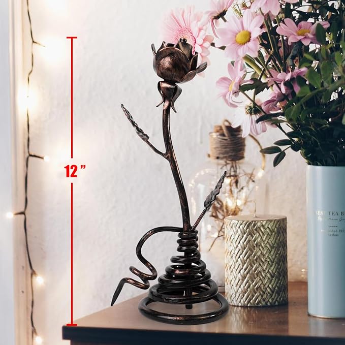DreamsEden 7th Anniversary Set for Wife, Resin Couple Sculpture & Iron Rose with Stand, Copper Wedding Gift for Her, Romantic Home Decor Statue